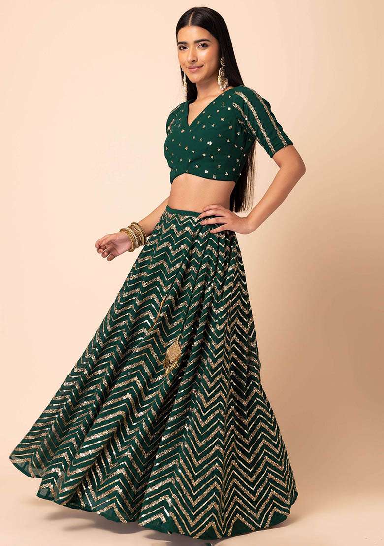 Green Embroidered Georgette Lehenga Set for Diwali and Festive Wear - Indya
