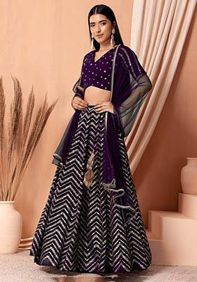 Purple Embroidered Georgette Lehenga Set