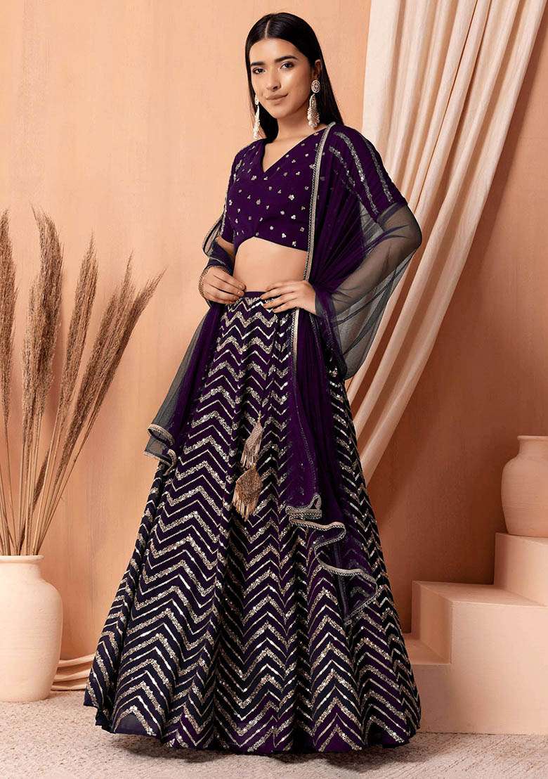 Purple Embroidered Georgette Lehenga Set for Diwali and Festive Wear - Indya