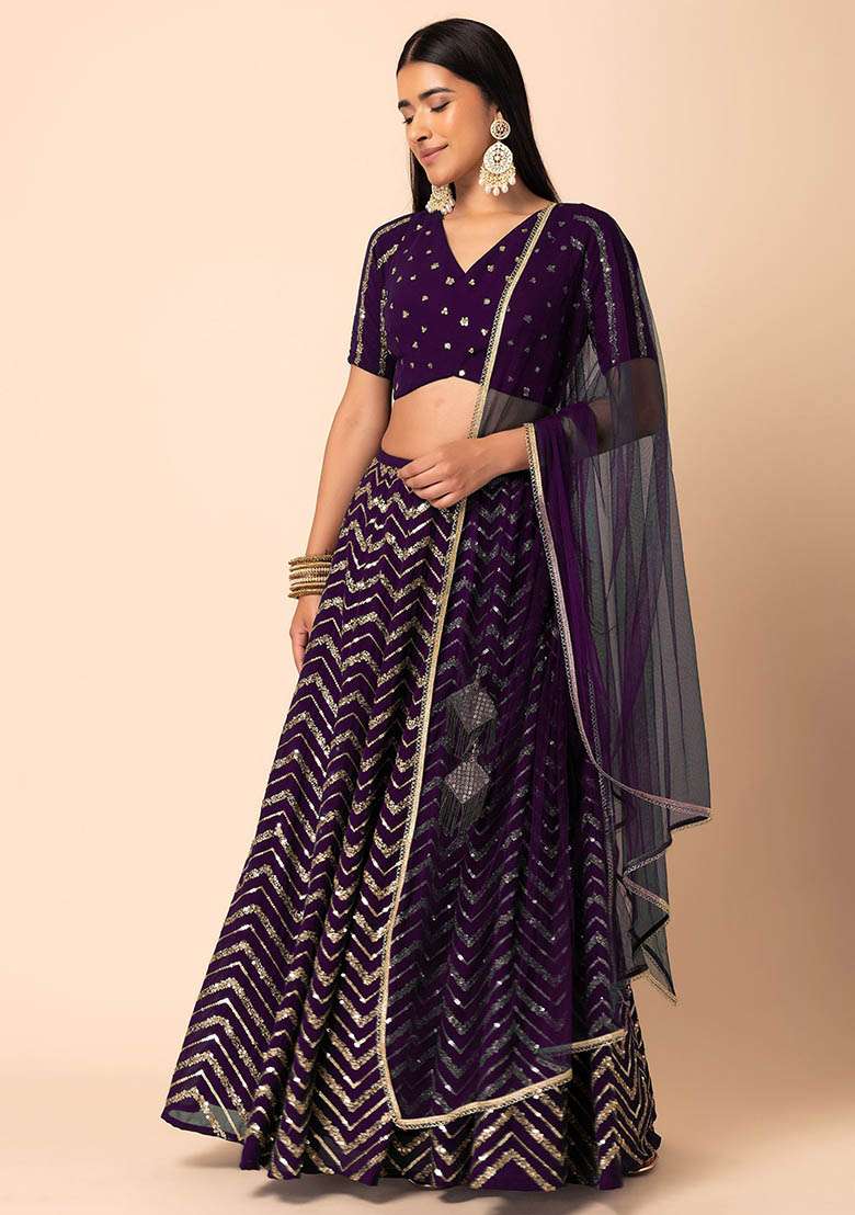 Purple Embroidered Georgette Lehenga Set for Diwali and Festive Wear - Indya