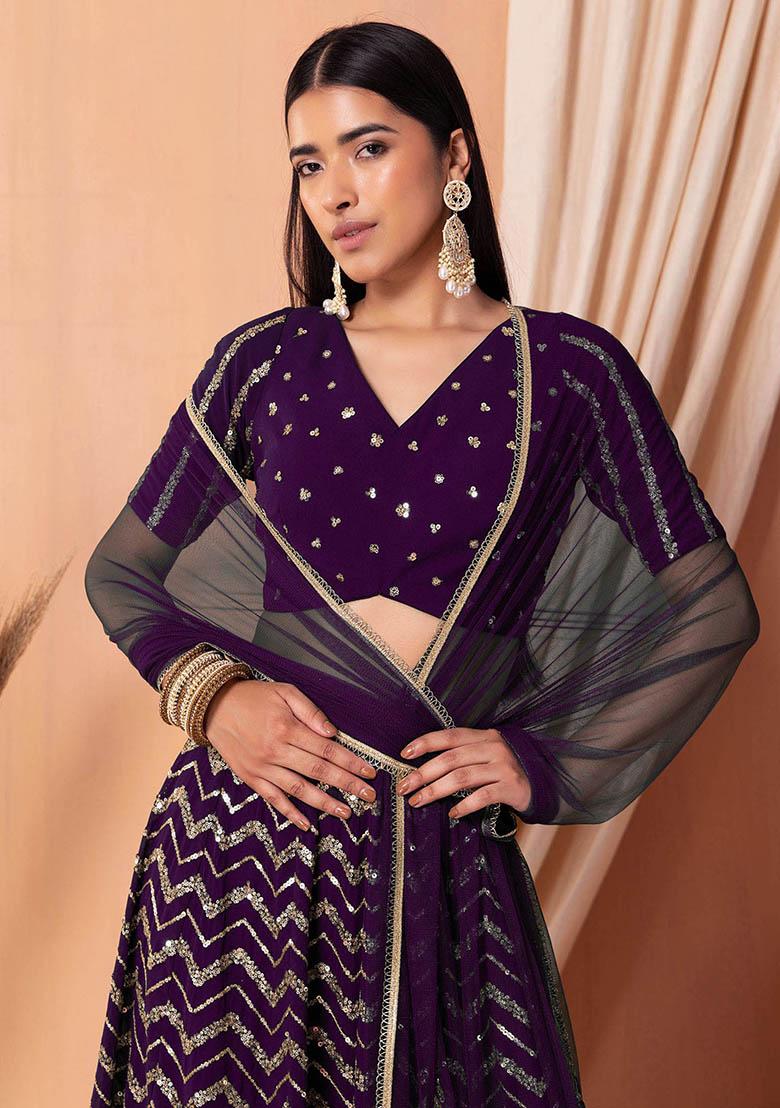 Purple Embroidered Georgette Lehenga Set