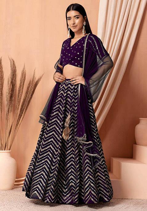 Purple Embroidered Georgette Lehenga Set