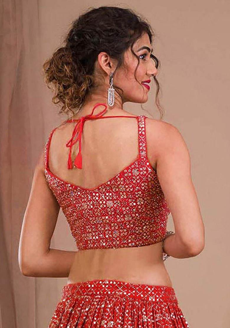 Red Sequin Embroidered Georgette Lehenga Set