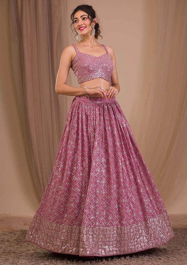 Pink Georgette Lehenga Set with Embroidered & Sequin for Diwali | Wedding & Festive Wear - Indya