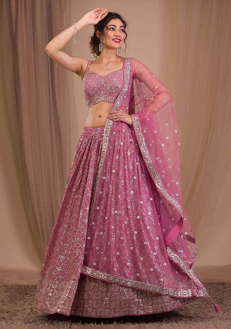 Pink Georgette Lehenga Set with Embroidered & Sequin for Diwali | Wedding & Festive Wear - Indya