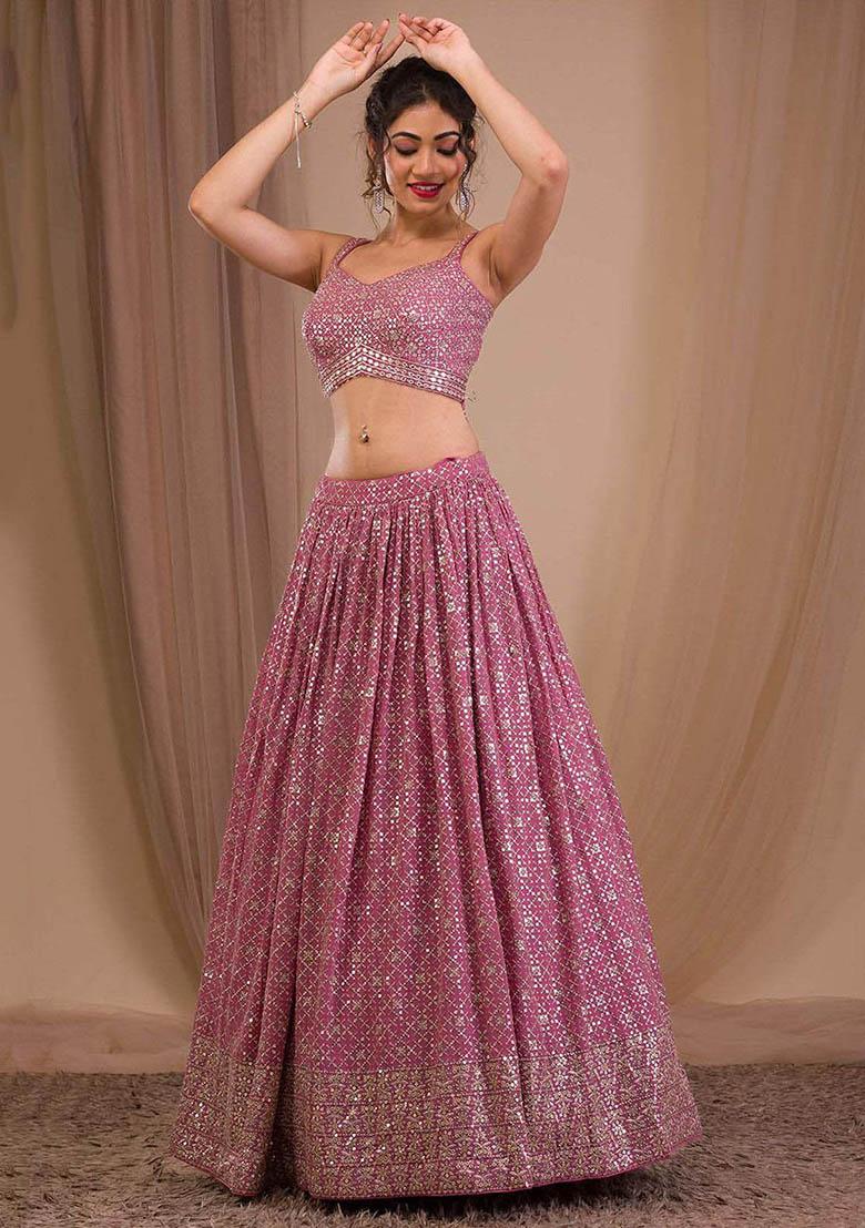 Pink Sequin Embroidered Georgette Lehenga Set
