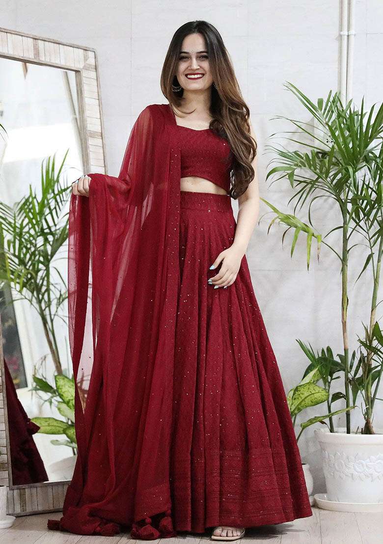 Maroon Georgette Lehenga Set with Embroidered & Sequin for Diwali | Wedding & Festive Wear - Indya