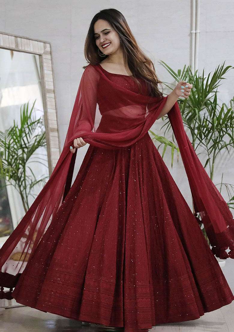 Maroon Georgette Lehenga Set with Embroidered & Sequin for Diwali | Wedding & Festive Wear - Indya