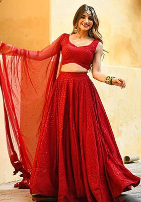 Red Sequin Embroidered Georgette Lehenga Set