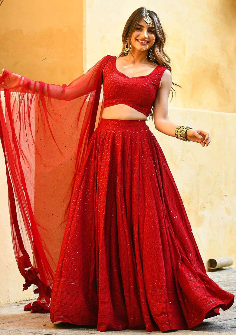 Red Georgette Lehenga Set with Embroidered & Sequin for Diwali | Wedding & Festive Wear - Indya