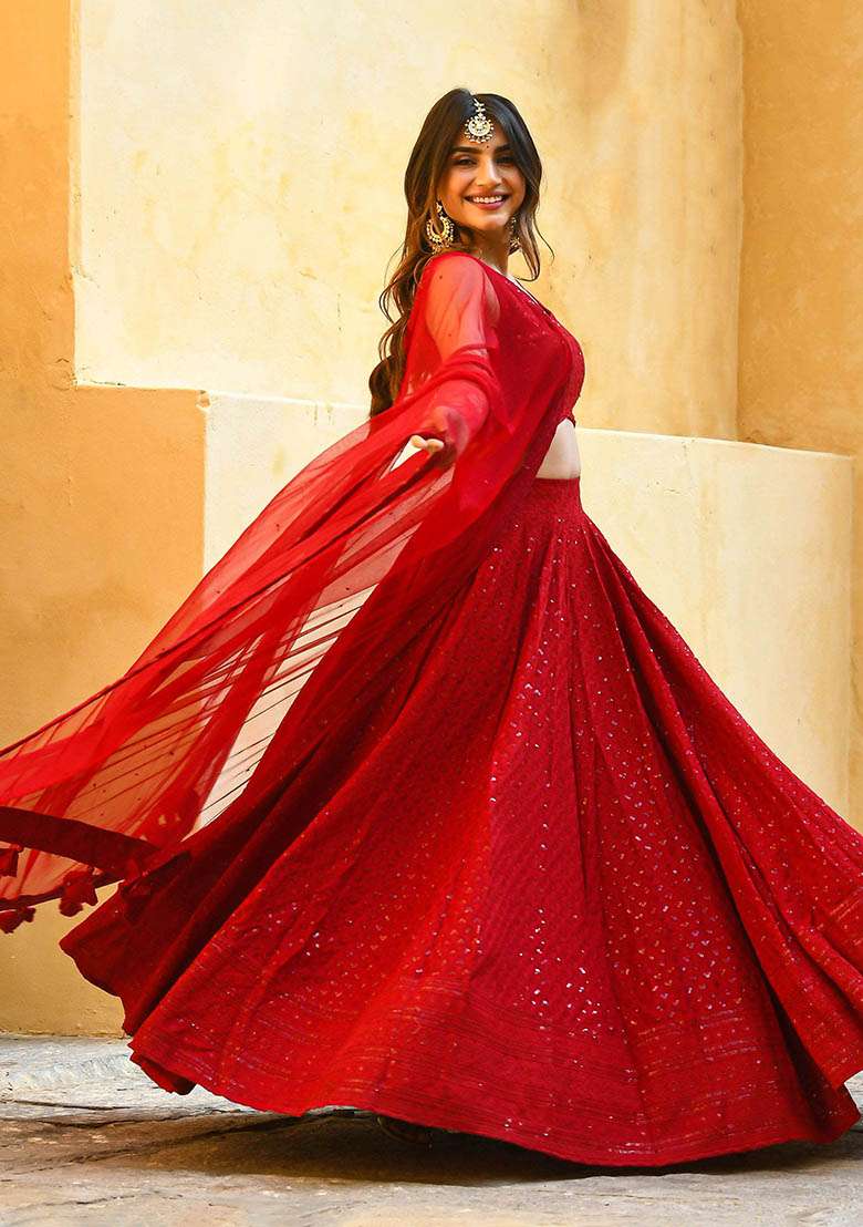 Red Georgette Lehenga Set with Embroidered & Sequin for Diwali | Wedding & Festive Wear - Indya