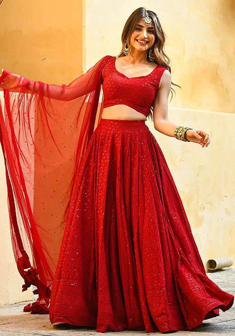 Red Sequin Embroidered Georgette Lehenga Set