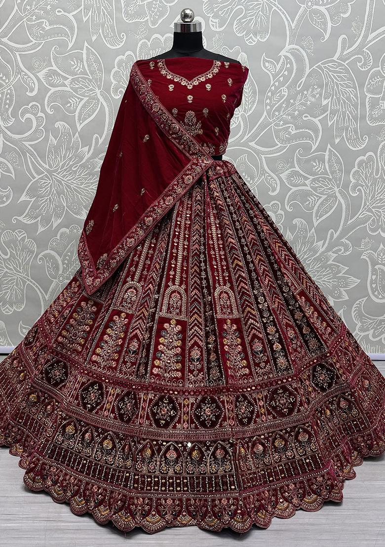 Red Zarkan Velvet Lehenga Set