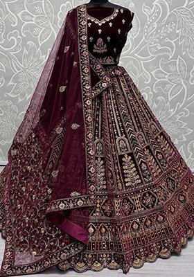Maroon Embroidered Velvet Lehenga Set
