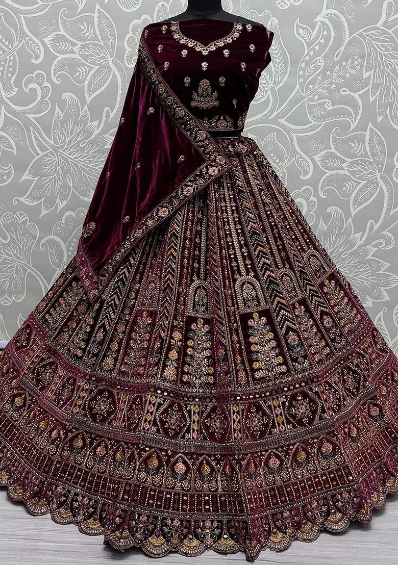 Maroon Embroidered Velvet Lehenga Set