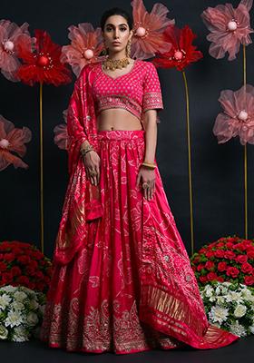 Pink Printed Silk Lehenga Set
