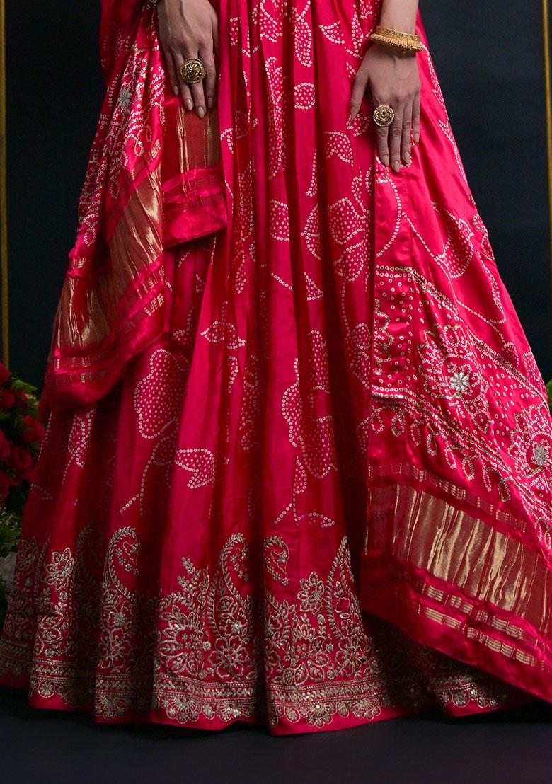 Pink Printed Silk Lehenga Set