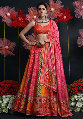 Multicolour Zari Weaving Silk Lehenga Set