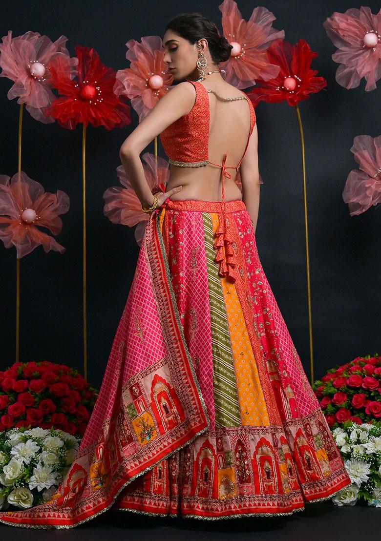 Multicolour Zari Weaving Silk Lehenga Set