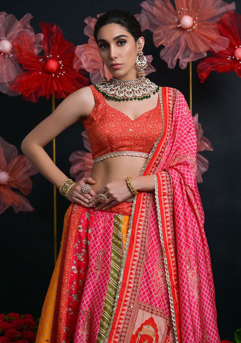 Multicolour Zari Weaving Silk Lehenga Set