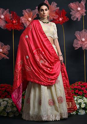 Cream Embroidered Silk Lehenga Set