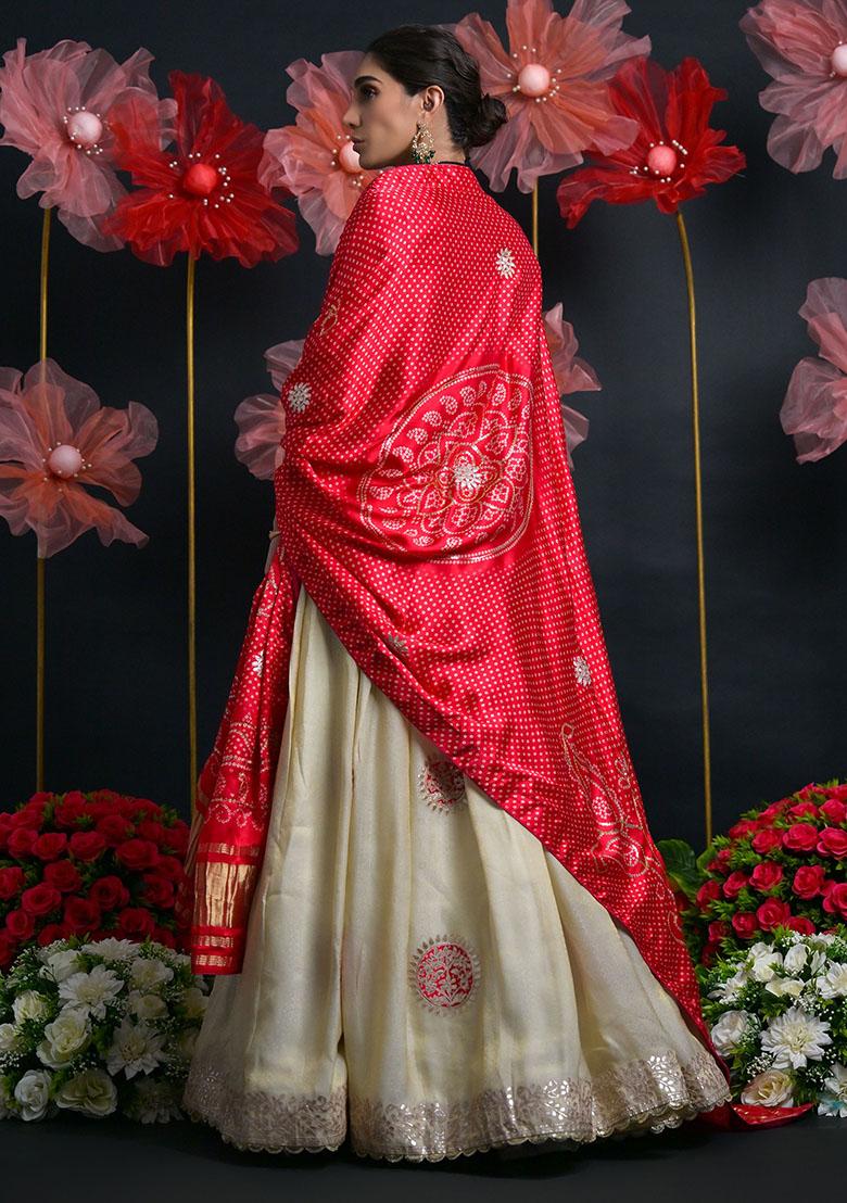 Cream Embroidered Silk Lehenga Set