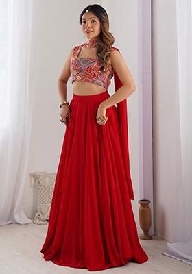 Red Embroidered Georgette Lehenga Set