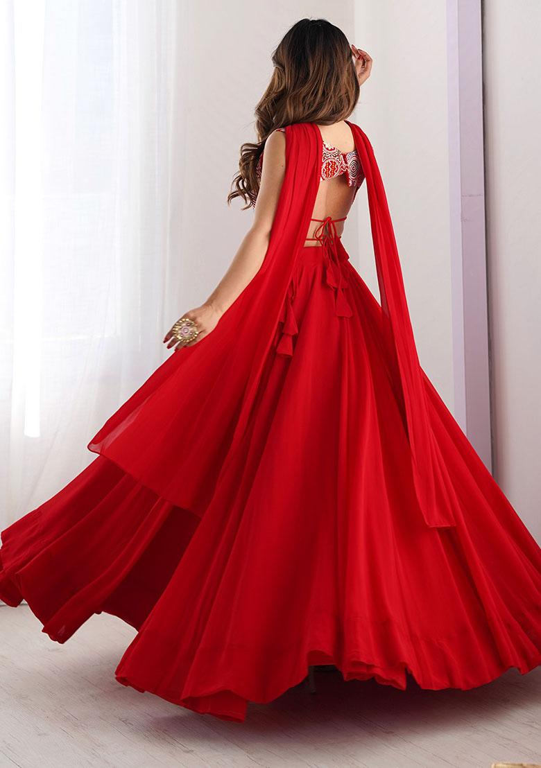 Red Embroidered Georgette Lehenga Set