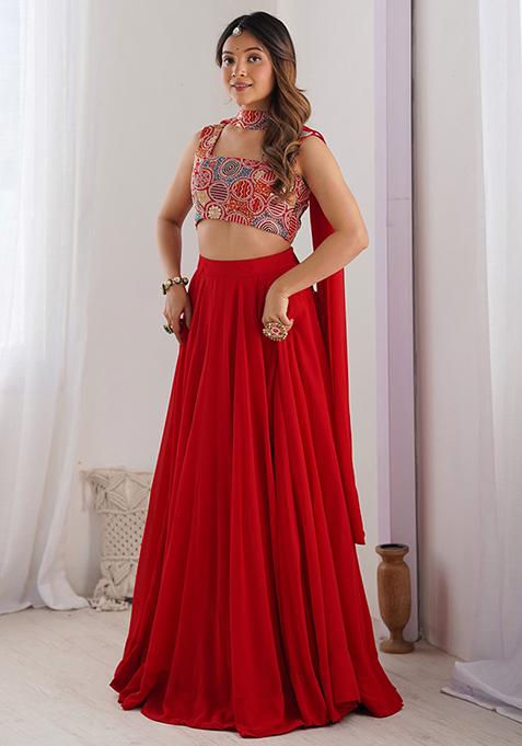 Red Embroidered Georgette Lehenga Set