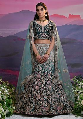 Green Sequin Embroidered Poly Blend Lehenga Set