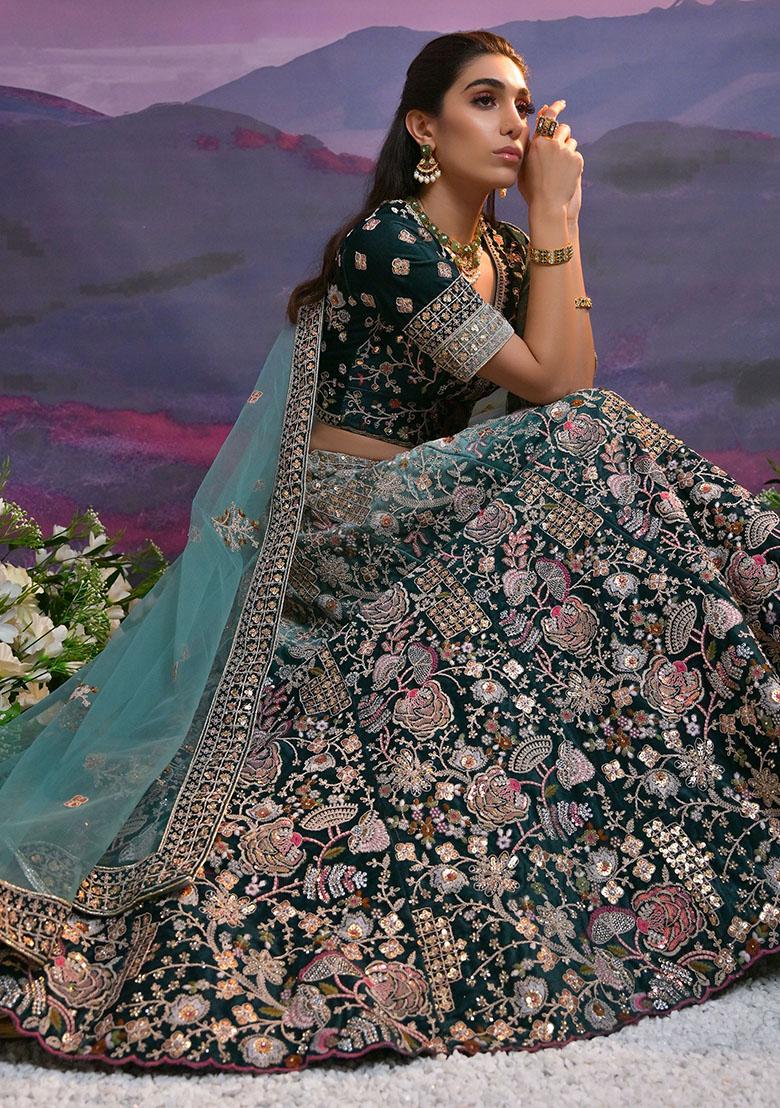 Green Sequin Embroidered Poly Blend Lehenga Set