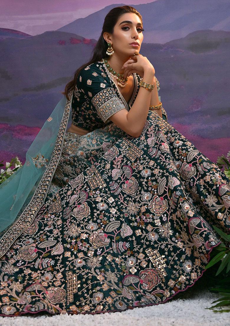 Green Sequin Embroidered Poly Blend Lehenga Set