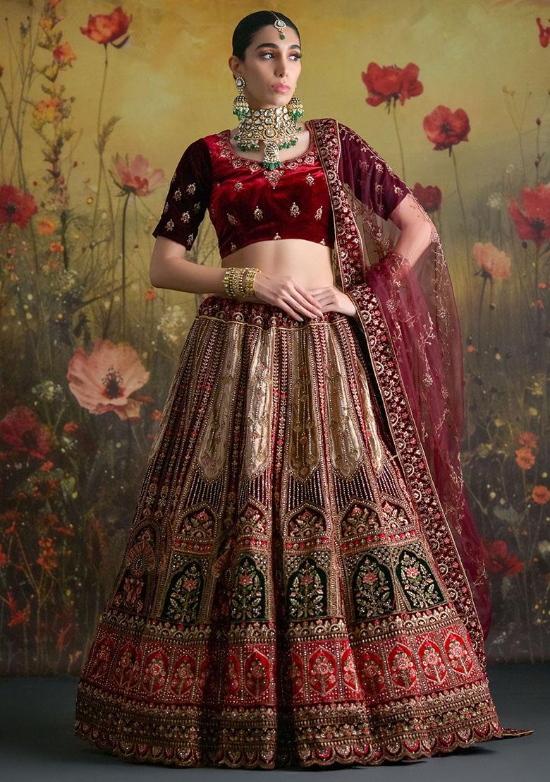 Maroon Sequin Embroidered Velvet Lehenga Set