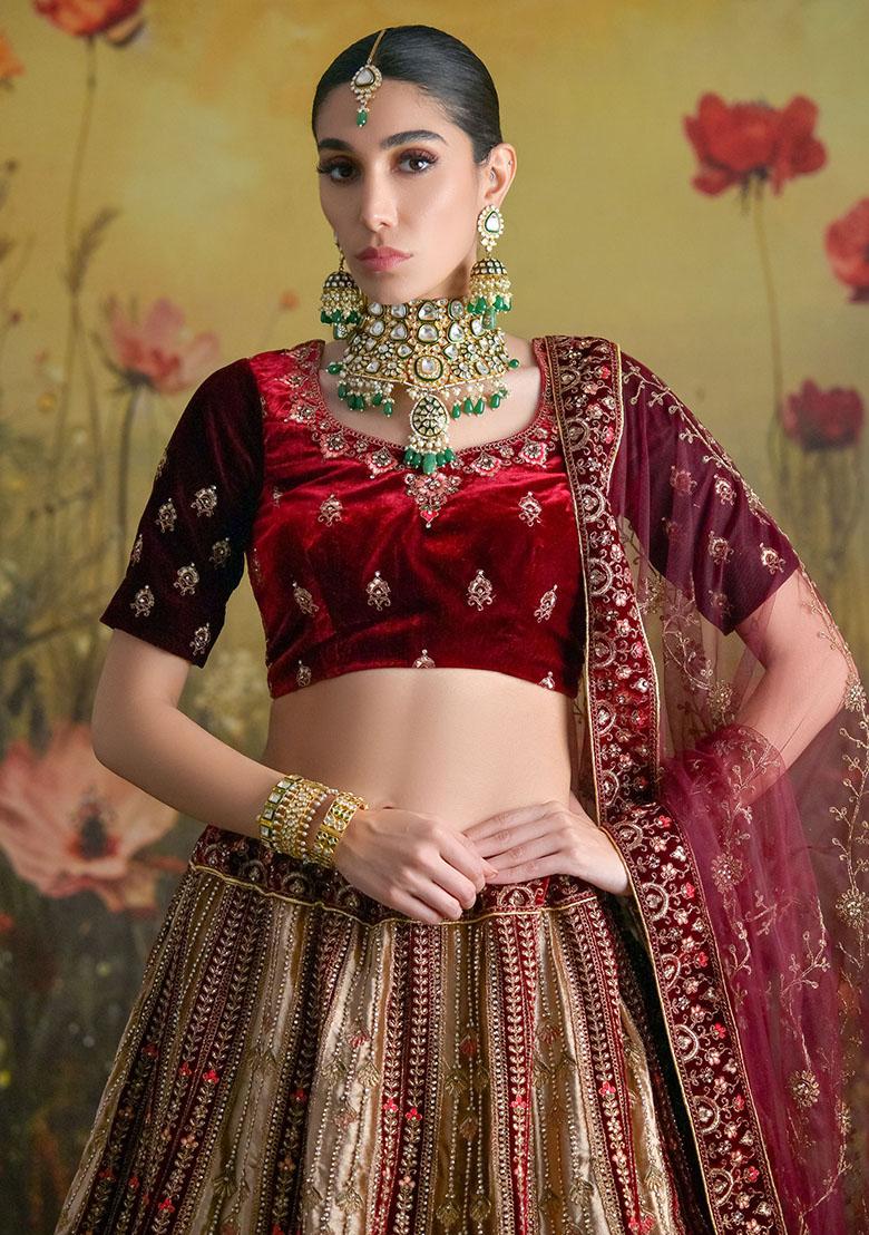 Maroon Sequin Embroidered Velvet Lehenga Set