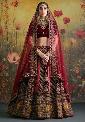 Maroon Embroidered Velvet Lehenga Set