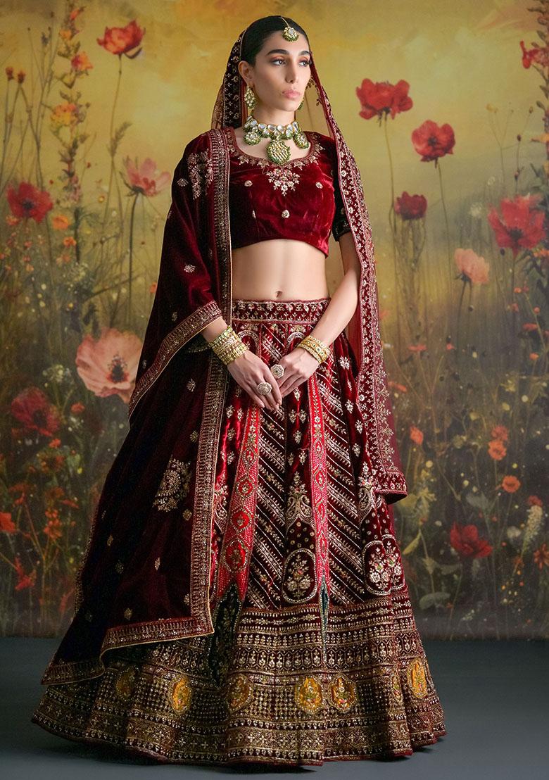 Maroon Embroidered Velvet Lehenga Set
