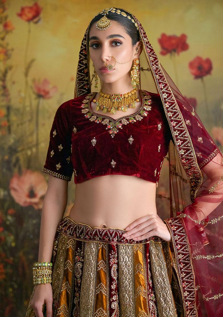 Yellow Sequin Embroidered Velvet Lehenga Set