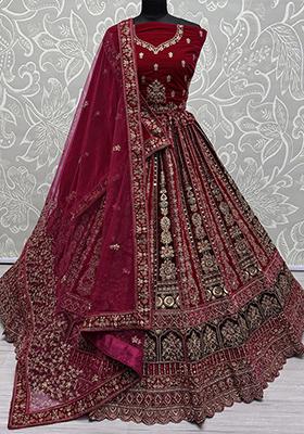 Pink Embroidered Velvet Lehenga Set