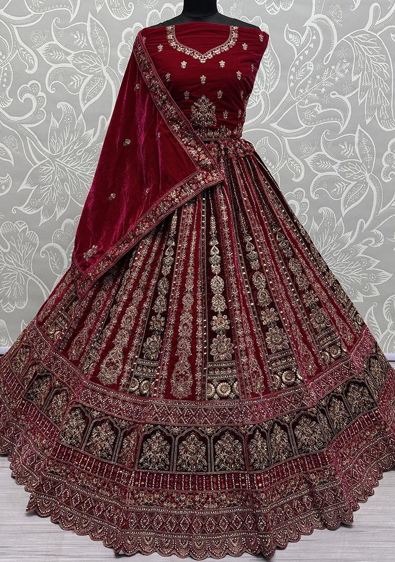 Pink Embroidered Velvet Lehenga Set