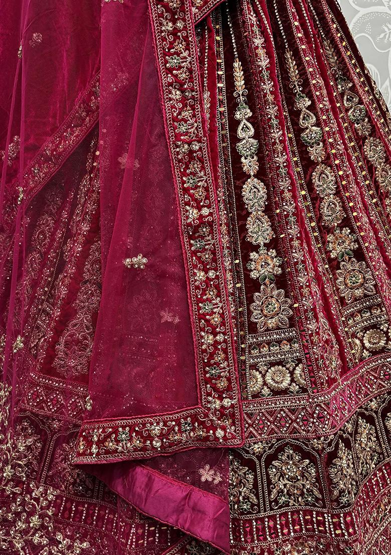 Pink Embroidered Velvet Lehenga Set
