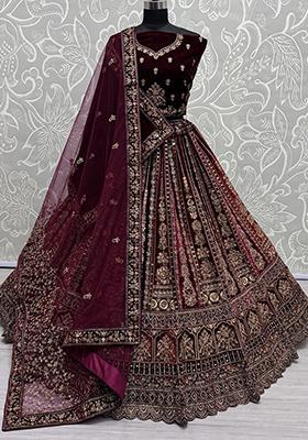 Maroon Embroidered Velvet Lehenga Set