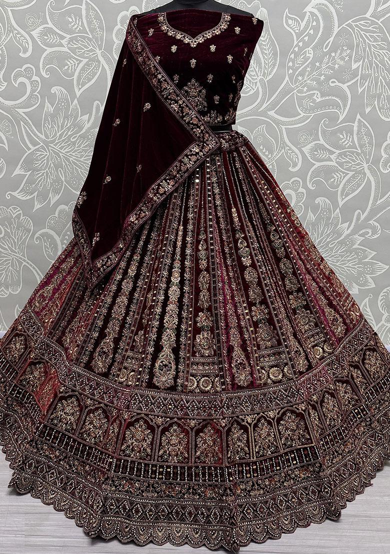 Maroon Embroidered Velvet Lehenga Set