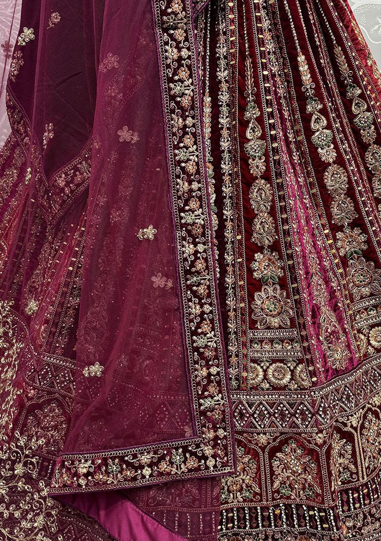 Maroon Embroidered Velvet Lehenga Set