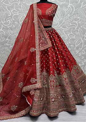 Red Embroidered Silk Lehenga Set