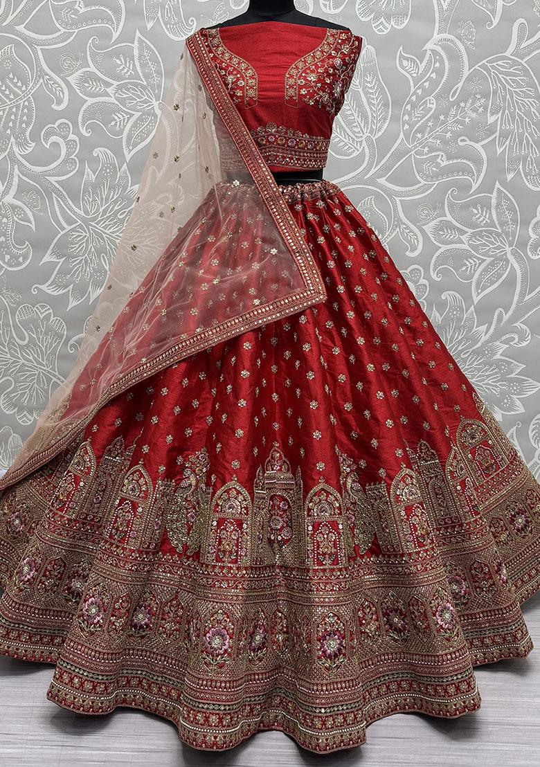 Red Embroidered Silk Lehenga Set