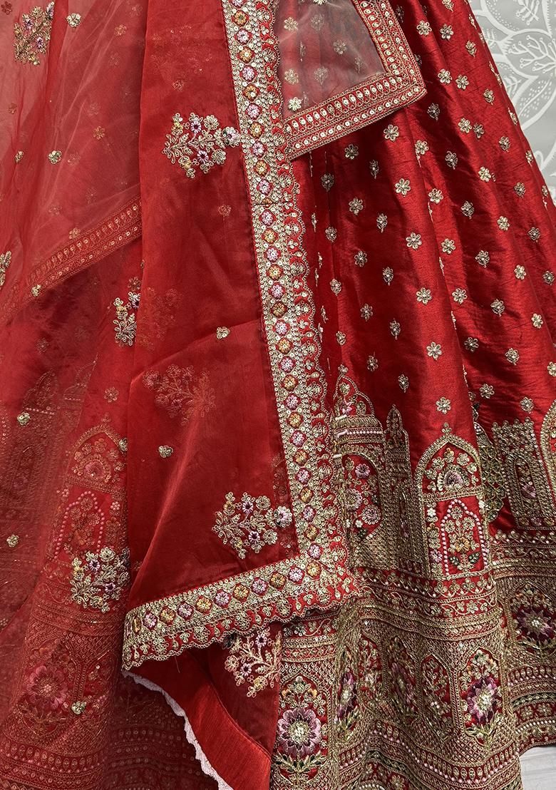 Red Embroidered Silk Lehenga Set