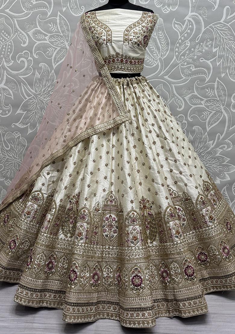 Off White Embroidered Silk Lehenga Set