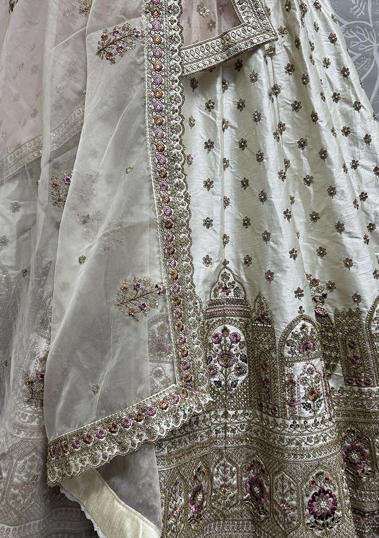 Off White Embroidered Silk Lehenga Set