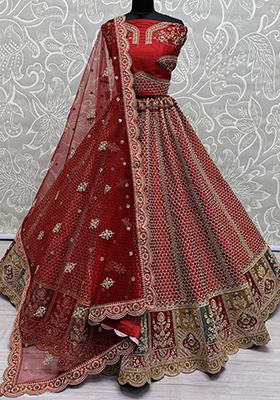 Red Embroidered Silk Lehenga Set
