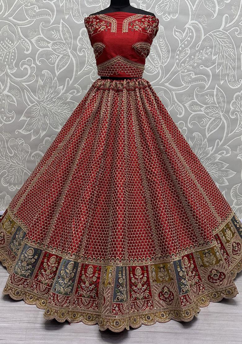 Red Embroidered Silk Lehenga Set